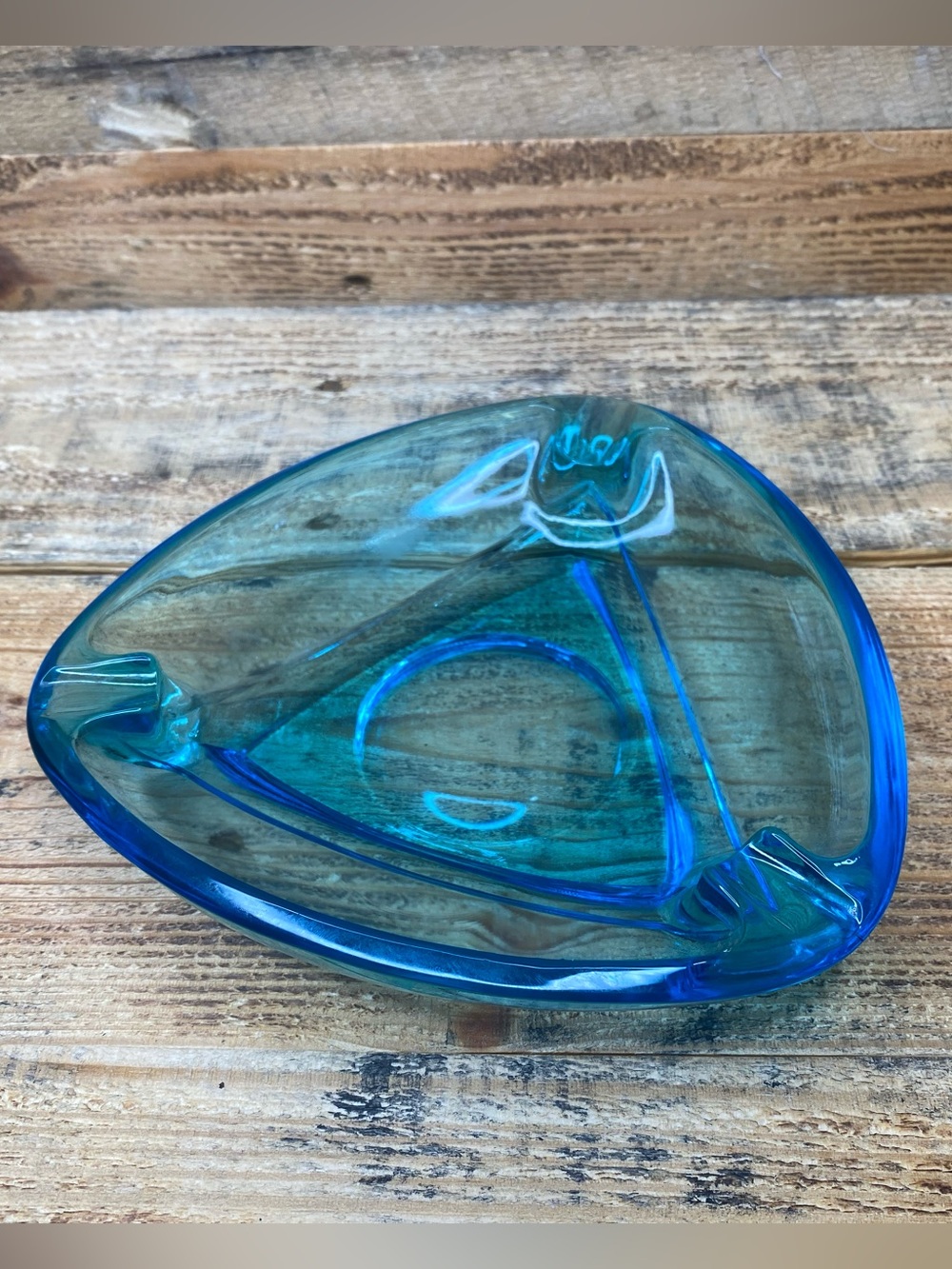 Vintage 60’s Hazel Atlas Capri Azure Blue Glass Triangle Shaped Ashtray MCM